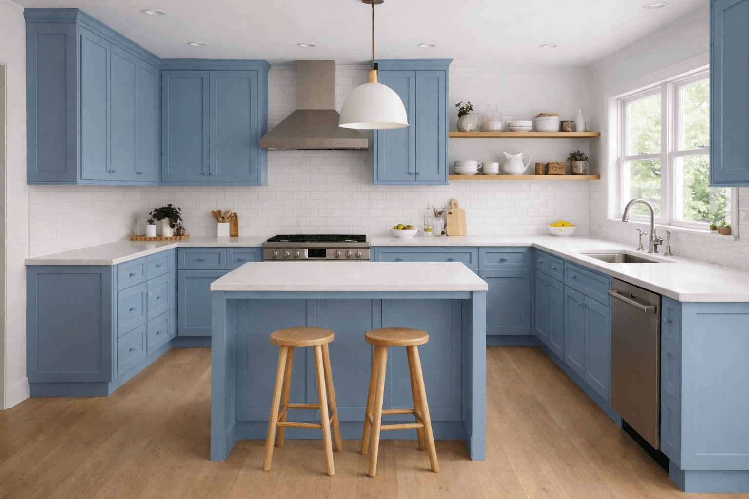 Modern blue shaker kitchen cabinets with white countertops, center island, open shelving, and bright natural lighting.