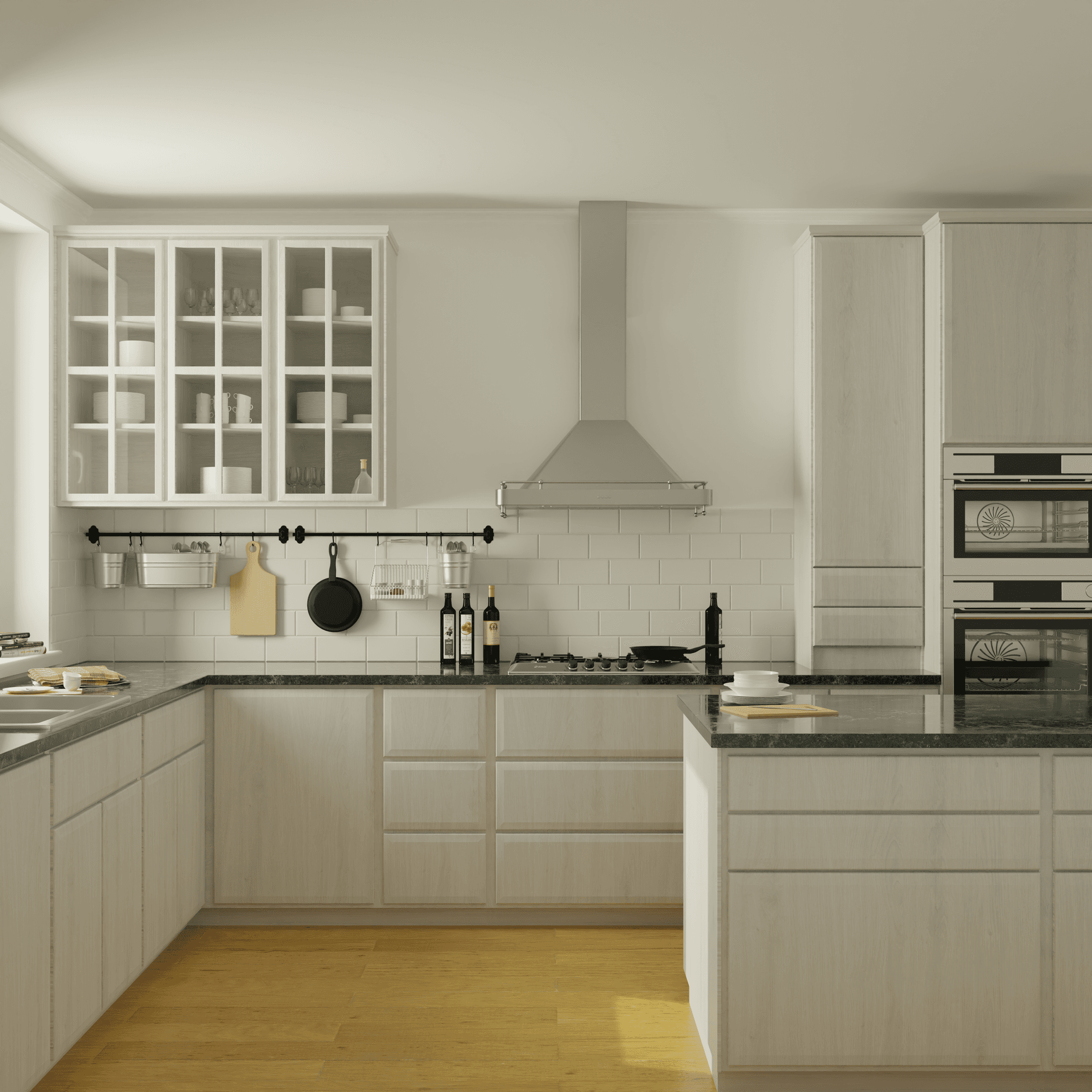 Modern kitchen with light wood cabinets, black countertops, and stainless steel appliances. Bright and organized with neatly arranged shelves and utensils.