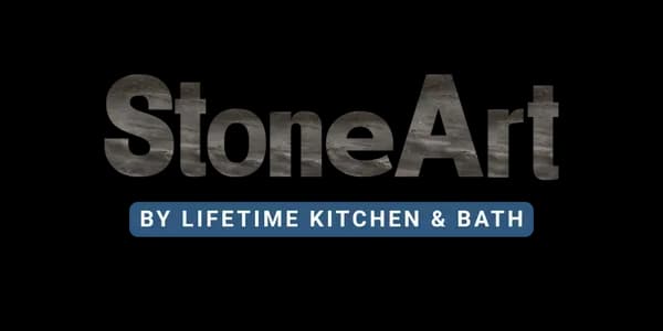 StoneArt logo with a textured gray stone finish on a black background. Below, a blue rectangle contains the text 'By Lifetime Kitchen & Bath.'