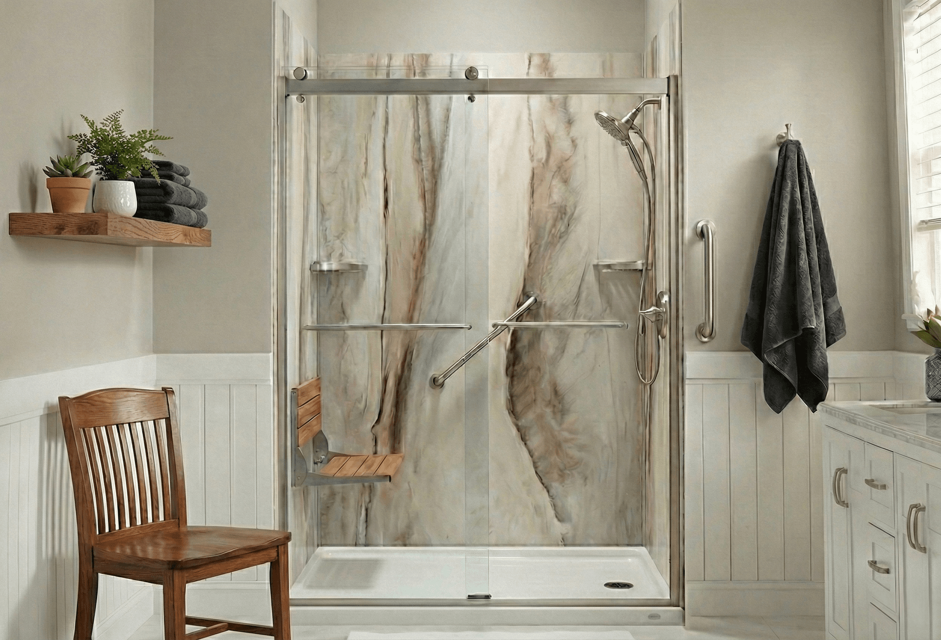 Spacious bathroom with a marbled shower, safety rails, and a wooden chair. Shelving with plants and towels add a cozy touch. Neutral tones.
