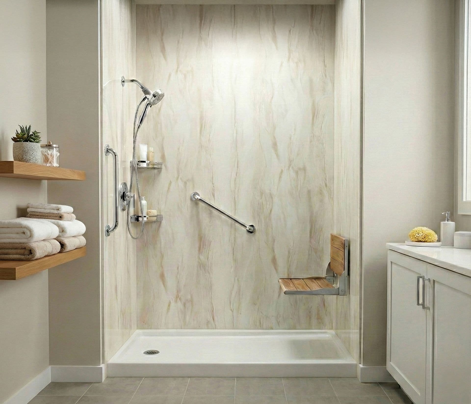 Modern bathroom with a spacious shower featuring a wooden seat, grab bars, and a handheld showerhead. Shelves hold towels and plants, conveying a serene tone.