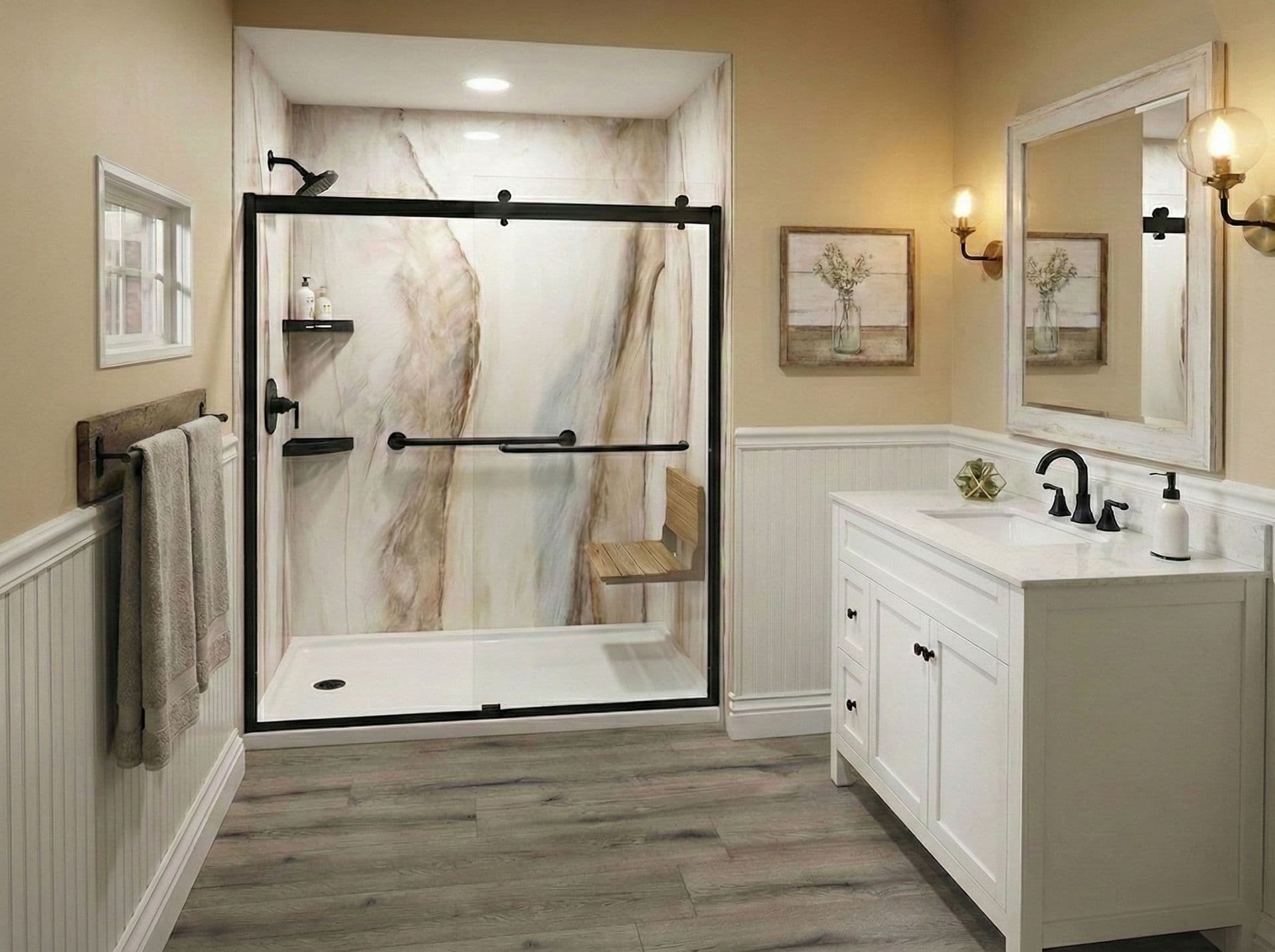 Spacious bathroom with a glass-enclosed shower featuring marble walls and a wooden seat. A white vanity, large mirror, and soft lighting create a cozy feel.